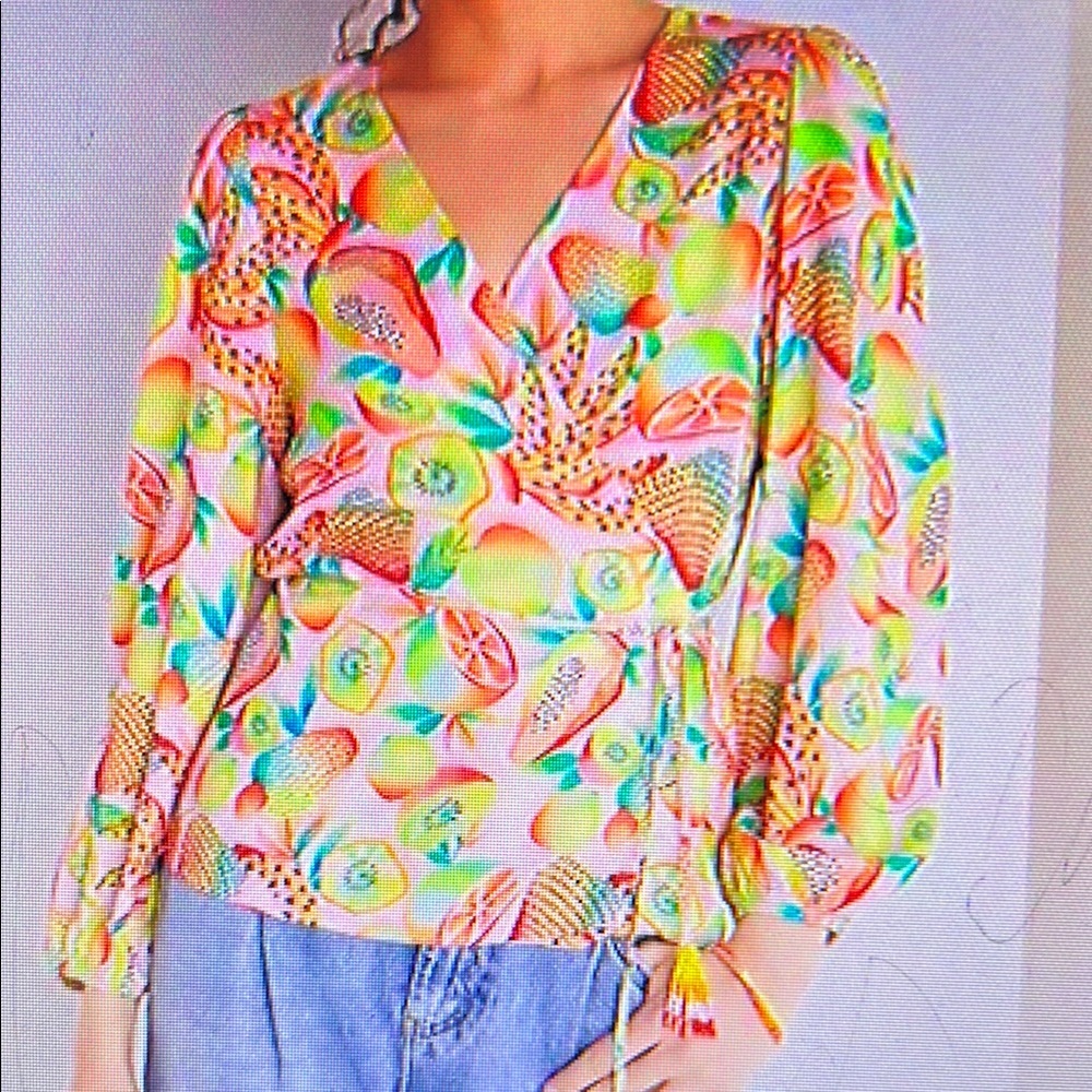 Anthropologie Pink and Green Long Sleeve Wrap Blouse